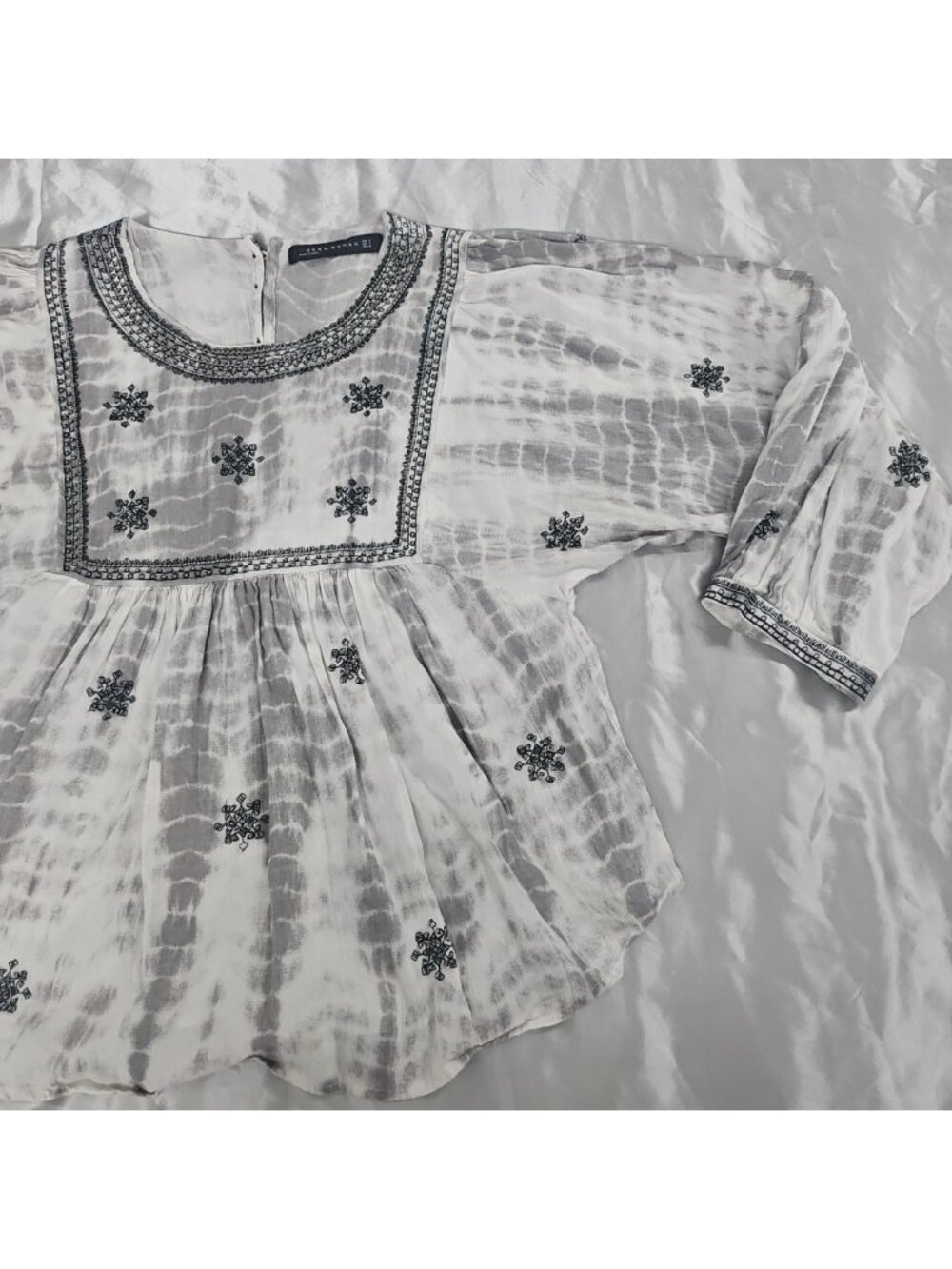 Zara Woman S Embroidered Boho Peasant Tunic Gray Tie Dye Cottagecore Festival - Picture 12 of 16